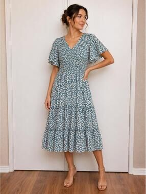 olivia grey dress Olivia Tailored Midi Dress with Square Neck in Sky Mist Blue with Whit